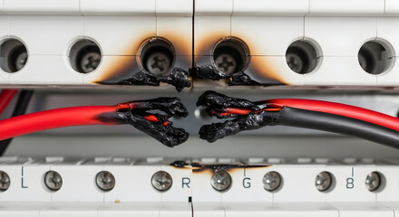 Burnt wires. The image shows burnt electrical wiring on a white connector block labeled .