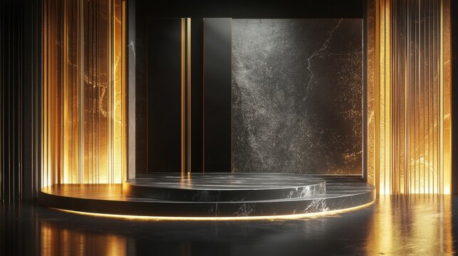 Golden illuminated stage with marble floor in luxury setting