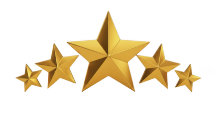 Five golden stars rating system isolated on white background