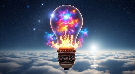 A bright light bulb shines above the clouds with a fiery base and a colorful galaxy inside representing a brilliant new idea