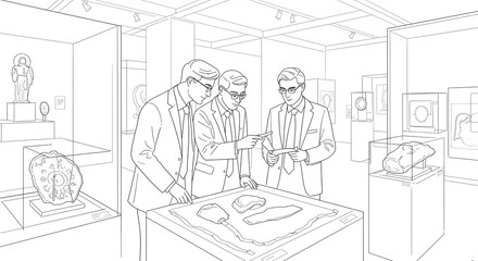 Team of professional archaeologists using augmented reality technology to study ancient relics in a museum exhibition