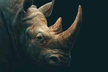 Majestic African rhino portrait showcasing intricate details and powerful features against a dark backdrop