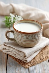 Ceramic cup containing kefir resting on linen napkins and burlap on wooden table