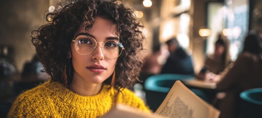 The woman in a mustard sweater reading a vintage book in a cozy café