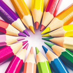 Fototapeta premium A detailed macro shot of colorful pencils arranged in a circular pattern with their sharpened tips pointing inward. The pencils display a spectrum of colors from red to violet.