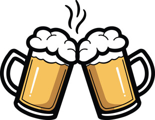 Two frothy beer mugs clinking together toast celebration