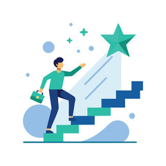 Man climbing stairs towards a shining star representing success and achievement