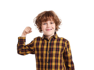 Strength. Happy little boy showing his biceps on white background