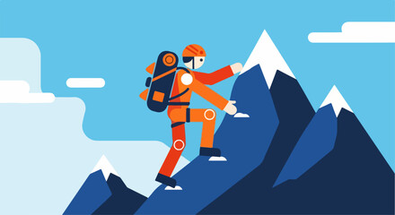 Climber Ascending Snowy Mountain Peak