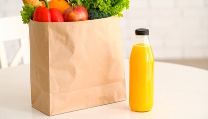 shopping bag with vegetables, fruits and orange juice 