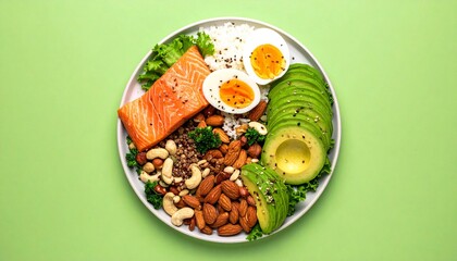 salmon, eggs with vegetables, healthy food