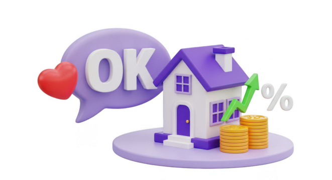 3d house with ok speech bubble and growing percentage isolated on white background - Powered by Adobe