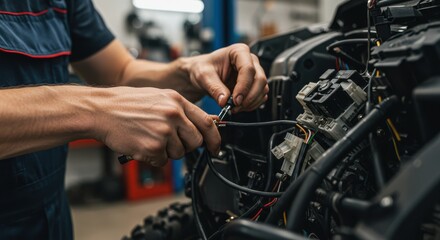 Obraz premium Technician repairing wiring in vehicle engine