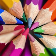 A detailed macro shot of colorful pencils arranged in a circular pattern with their sharpened tips pointing inward. The pencils display a spectrum of colors from red to violet.