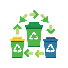 Three recycling bins with green arrows forming a cycle