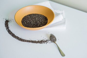 Healthy breakfast with yogurt, granola and chia seeds.