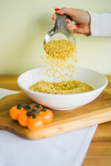 Healthy breakfast with yogurt, granola and chia seeds.