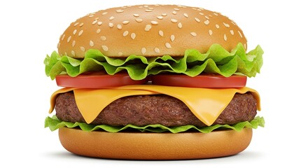 Delicious Cheeseburger with Fresh Lettuce and Tomato Isolated on White Background