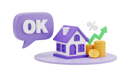 Purple house with ok speech bubble and financial growth isolated on white background