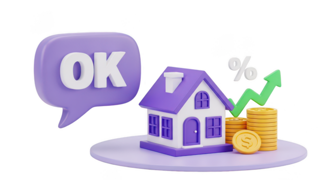 Purple house with ok speech bubble and financial growth isolated on white background