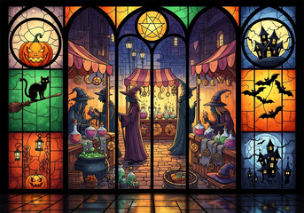 Stained glass window depicting a halloween witch market