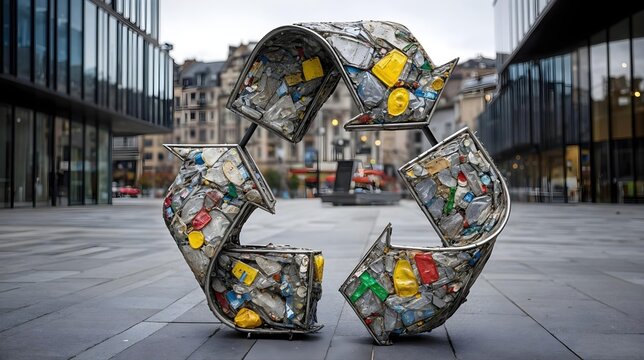 Sculpture artistique en forme de recyclage faite de dechets plastiques