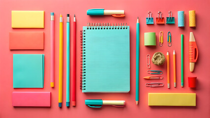 Colorful stationery collection arranged neatly on pink surface office supplies writing tools