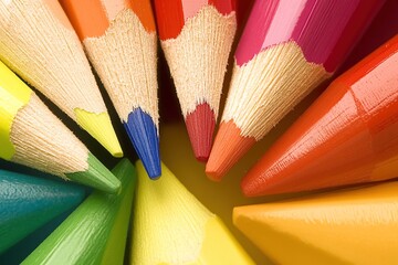 A detailed macro shot of colorful pencils arranged in a circular pattern with their sharpened tips pointing inward. The pencils display a spectrum of colors from red to violet.