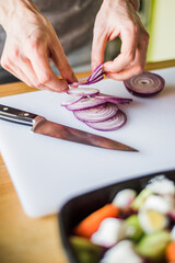 Hands cutting onion and radish for fresh vegetable salad.