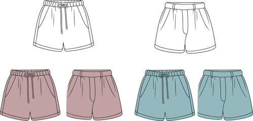 cad drawing of casual shorts, flat vector illustration, drawstring waistband, side pockets, four color variations, apparel template, fashion garment sketch, clothing design