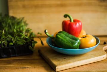 Healthy vegetable salad with tomatoes, peppers, cucumbers, onion and cheese.