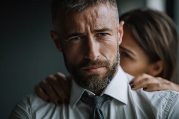 Obraz premium Close-up of a male employer showing protective demeanor while a woman closely leans in, highlighting intimate connection in a contemporary office setting