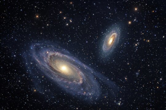 Majestic view of two interacting galaxies showcasing integrated flux nebula in deep space at night with countless stars illuminating the cosmos