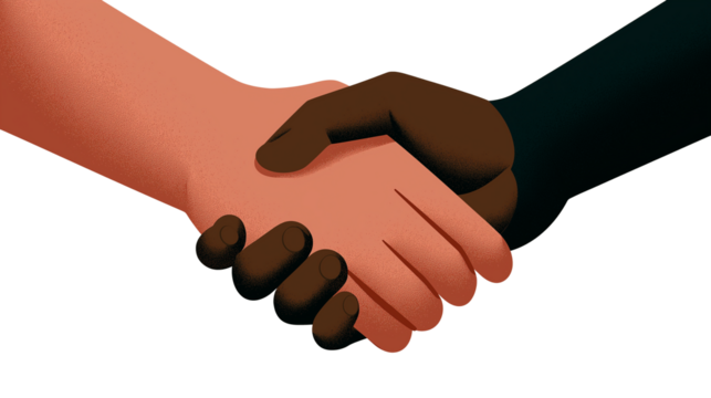 Handshake illustration with diverse skin tones, flat modern style