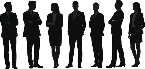 business team silhouette, formal attire vector, corporate professionals graphic, executive group illustration, black and white office scene, leadership concept icons
