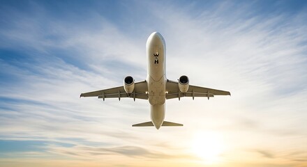 Obraz premium White airplane ascends toward a bright blue sky and hazy golden sunset