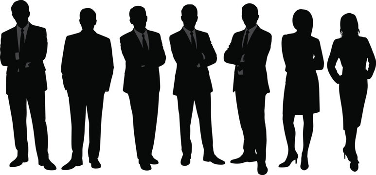 business team silhouette, corporate people vector, professional group illustration, office attire icons, teamwork concept graphic, black and white business scene