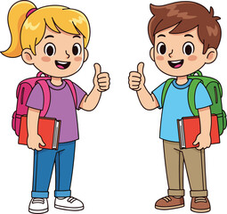 Cartoon school kids smiling, boy and girl with backpacks, holding books, thumbs up gesture, happy student illustration, education vector art