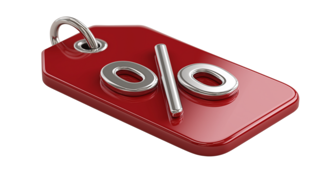 3D price tag with percent sign and glossy effect.