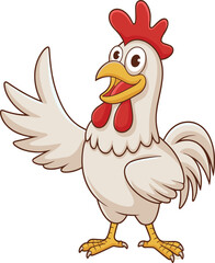 Cartoon white rooster waving hand, happy chicken mascot illustration, farm animal vector art, poultry character design, barnyard bird drawing isolated