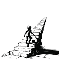 child climbing stairs, silhouette boy illustration, infinite staircase concept, black and white vector, surreal childhood journey, dramatic outdoor scene