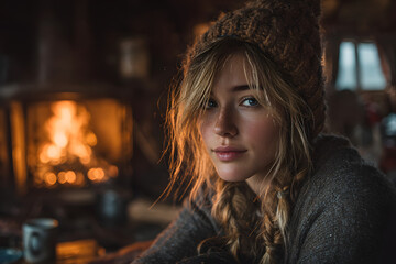 Young woman relaxing by fire