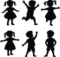 children silhouette set, playful kids graphic, boy girl poses, jumping standing arms out, black vector illustration, childhood motion clipart
