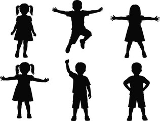 children silhouette set, black kids graphic, boy girl poses, jumping standing arms raised, playful vector illustration, childhood motion clipart