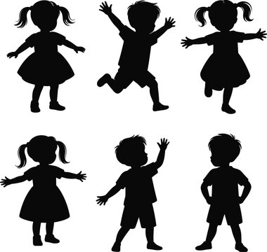 children silhouette set, playful kids graphic, boy girl poses, jumping standing arms out, black vector illustration, childhood motion clipart