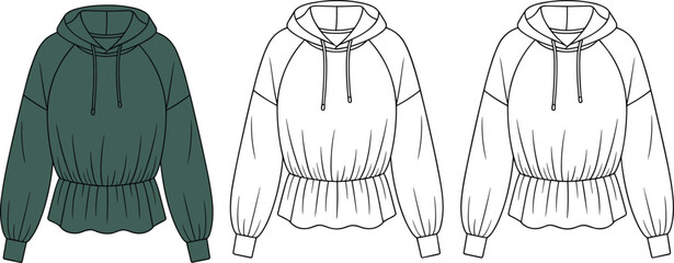 cad drawing of hooded sweatshirt, flat vector illustration, raglan sleeves, drawstring hood, ribbed cuffs, elastic hem, apparel template, fashion garment sketch