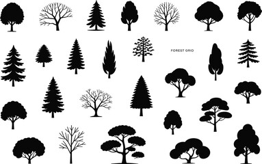 Collection of Diverse Tree Silhouettes, Forest Grid, Nature Elements, Perfect for Design Projects, Adobe Stock SEO Optimized, Graphic Illustration