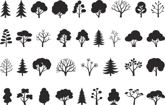 Collection of Diverse Tree Silhouettes, Perfect for Nature-Themed Designs, Illustrations, and Environmental Projects, Ideal for Adobe Stock, SEO Optimized