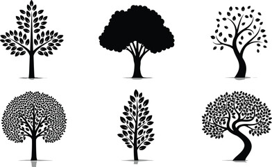Collection of Six Unique Tree Silhouettes, Diverse Tree Designs, Nature Illustrations, Perfect for Adobe Stock, SEO Optimized, Botanical Art Elements