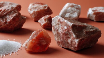 Close-up of Himalayan salt rocks arranged on soft coral background for natural product concept